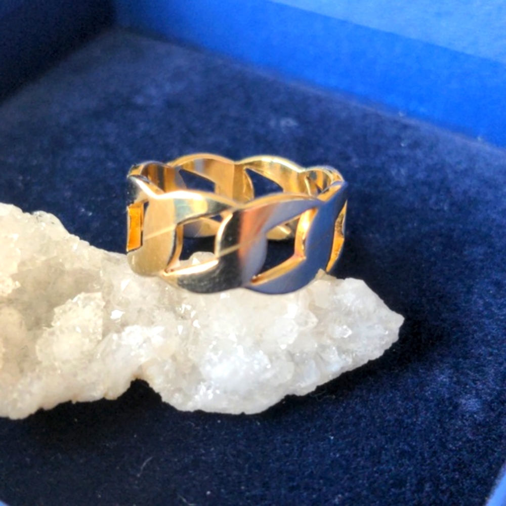 Vintage gold plated wide band ring, braided openwork style